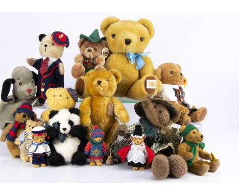 Fiftteen collectors/ manufactured teddy bears, including a House of Nisbet bear with golden plush --18in. (46cm.) high; a Har