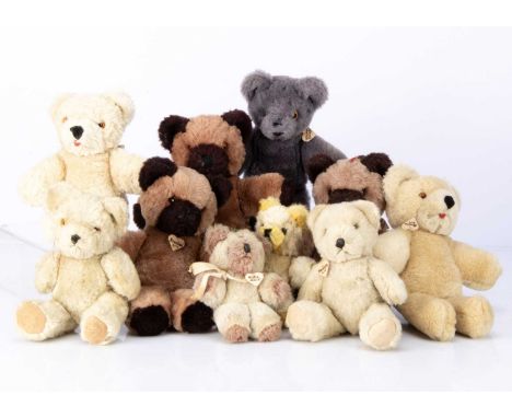 Ten Shanghai doll factory teddy bears,  one with grey plush, three with light brown plush --10 1/2in. (26.5cm.) high