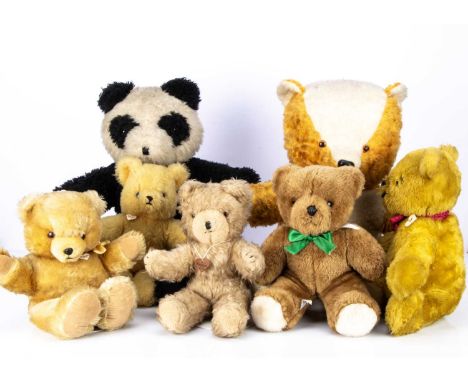 A very large quantity of unjointed teddy bears,  including two Wendy Boston's with labels, a Chad Valley bear and a bear in t