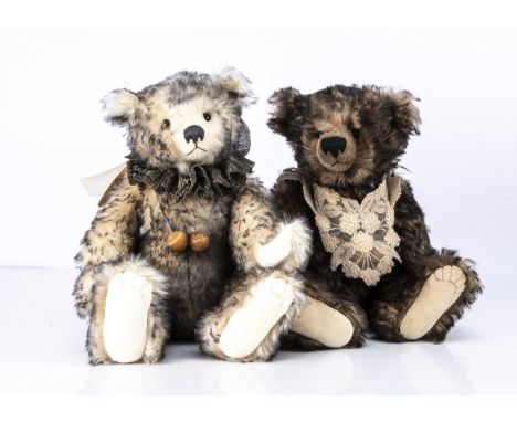 Two Bears That Are Special teddy bears,  designed by Pam Howells, a cream with grey tipped mohair bear, black glass eyes, gre