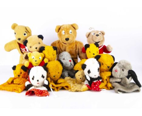 A collection of Super Teds and Sooty, Sweep and Soo hand puppets,  comprising of six Sooty's, two Sweep's, two Soo's, a Sooty