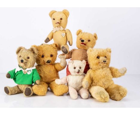 Six Irish talking teddy bears  a golden mohair, with orange and black glass eyes, black stitched nose, red lined mouth, light