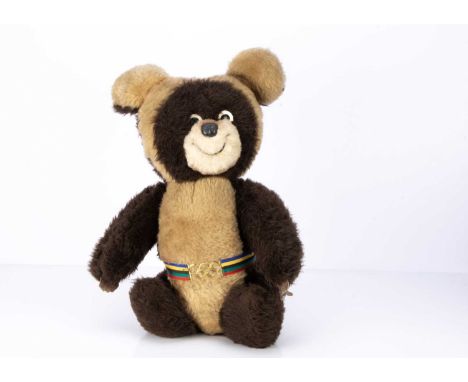 A Misha 1980 Moscow Olympic mascot teddy bear, designed by children's books illustrator Victor Chizhikov,  with dark and ligh