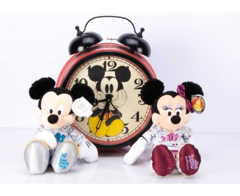 A large Mickey Mouse alarm clock,  in a vintage style --18in. (46cm.) high; and a mickey and Minnie mouse 2010 with original 