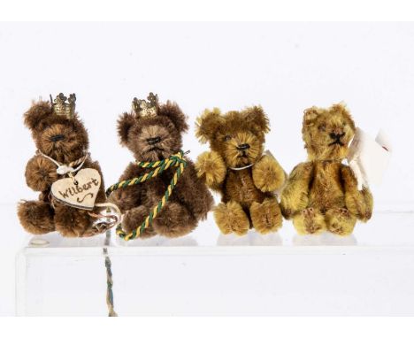 Four miniature Schuco teddy bears,  a brown mohair, with black pin eyes, black stitched nose and mouth, metal framed jointed 