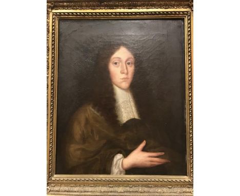 17th CENTURY ENGLISH SCHOOL "John Lucine, son of Isaac de Lucine..." a portrait study half length oil on canvas unsigned insc
