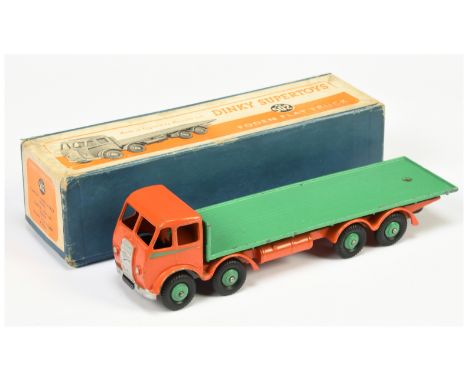 Dinky Toys 502 Foden (type 1) Flat Truck - Burnt Orange cab and chassis, mid-green back, side flashes and rigid hubs, silver 