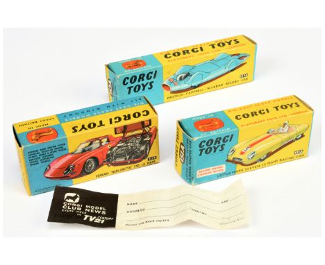 Corgi Toys Empty boxes - (1) 151A Lotus Mark Eleven Le Mans Racing Car, (2) 153A Proteus Campbell Bluebird Record Car and (3)