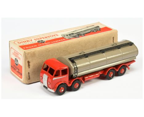 Dinky Toys 504 Foden (type 1) Tanker - Red cab, chassis and rigid hubs,&nbsp; fawn tanker with black gantry and ladder, silve