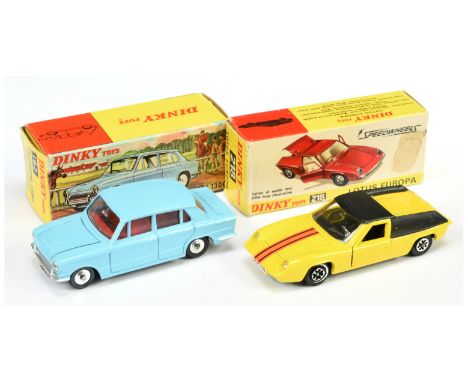 Dinky Toys 162 Triumph 1300 Saloon - Light blue, red interior, silver trim and spun hubs plus 218 Lotus Europa - yellow, blac