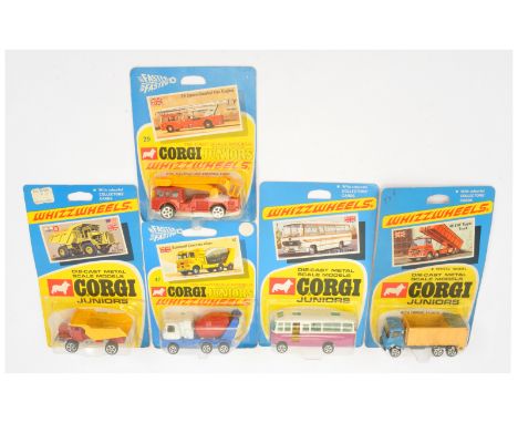 Corgi Toys Juniors Group Of 5 To Include - (1) 7 Duple Vista Coach - Purple and white, (2) 29 Simon Snorkel Fire Engine - Red