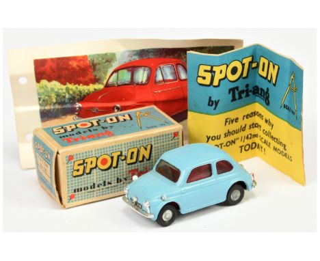 Triang Spot On 185 fiat 500 Saloon - Light blue body, red interior with grey steering wheel, chrome trim and mirrors - Good P