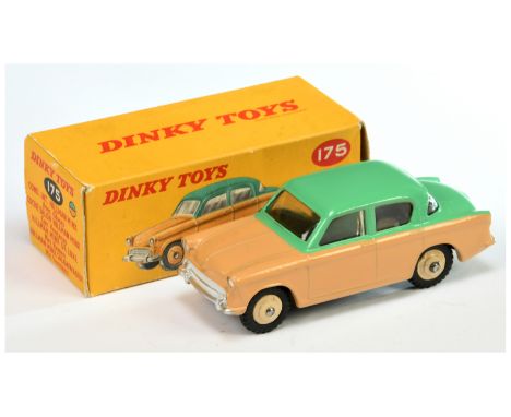 Dinky Toys 175 Hillman Minx Saloon Two-Tone Green and beige with light beige rigid hubs with treaded tyres, silver trim - Nea