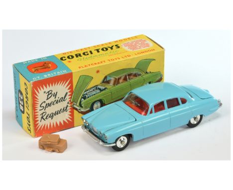 Corgi Toys 238 Jaguar Mark X Saloon - Light Blue, red interior, silver interior, spun hubs and with large and small luggage c