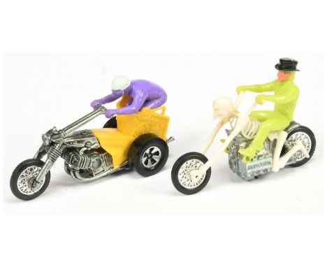 Mattel Hot Wheels RRRumblers - A Pair - (1) Bone Shaker - White body with lime rider and black hat, (2) Choppin Chariot - yel