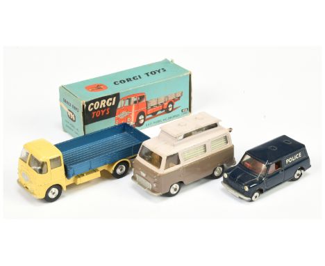 Corgi Toys 456 ERF Dropside Lorry - Pale yellow cab and chassis, metallic blue back, silver trim, spun hubs and metal tow hoo