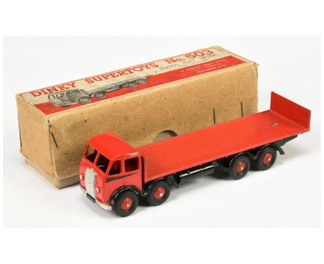 Dinky Toys 503 Foden (type 1) Flat Truck With Tailboard - Red Cab, back and rigid hubs with herringbone tyres, black chassis 