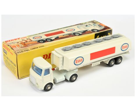 Dinky Toys 945 AEC Articulated Tanker "ESSO" - White cab and tanker, pale grey chassis, mid-blue interior, grey plastic gantr