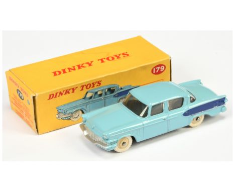 Dinky Toys 179 Studebaker President Sedan - Light blue, dark blue rear side flashes, silver trim and light beige rigid hubs w