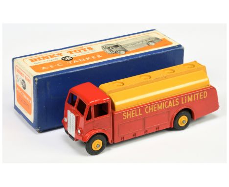 Dinky toys 591 AEC Monarch Thompson Tanker "Shell Chemicals Limited" - Red cab and back, yellow tanker and supertoy hubs, sil