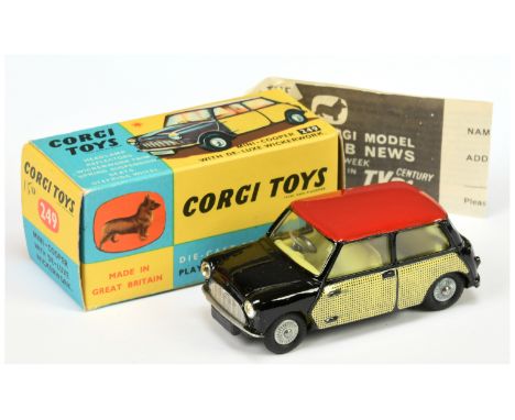 Corgi Toys 249 Morris Mini Cooper "Wickerwork" - Black body, red roof, lemon interior, "Wickerwork" Side and rear panels, sil