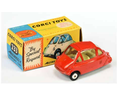 Corgi Toys 233 Heinkel Economy Car - Red Body, lemon interior, silver trim and flat spun hubs - Good Plus in a Excellent blue