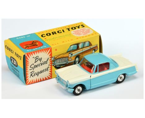 Corgi Toys 231 Triumph Herald Coupe - Two-Tone White and blue, red interior, silver trim and spun hubs - Excellent (some smal