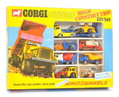 Corgi Toys Juniors 3024 "Road Construction" Gift Set To Include 7 Pieces - Ford Low-Loader, Skip Truck, JCB Tractor plus othe
