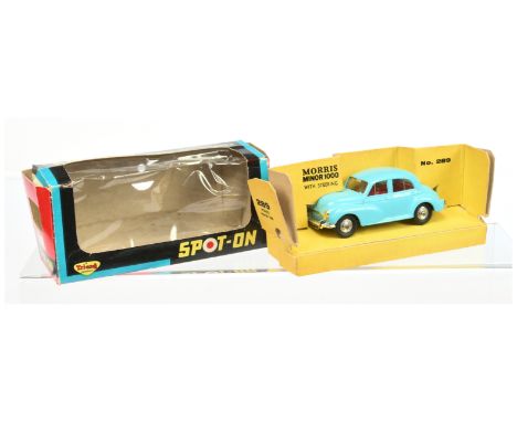 Triang Spot On 289 Morris Minor 1000 Saloon - Light blue body, red interior with black steering wheel, chrome trim and spun h