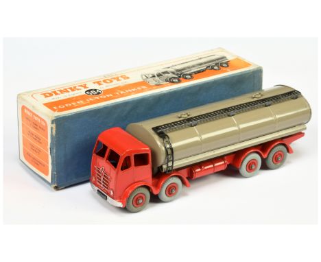 Dinky Toys 504 Foden (type 2) Tanker - Red cab, chassis and supertoy hubs with grey tyres,&nbsp; fawn tanker with black gantr