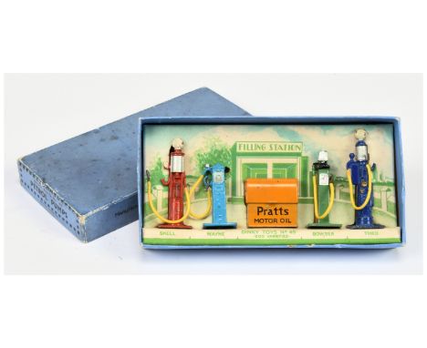 Dinky Toys Pre-War 49 Petrol Pumps Set To Include "Pratt's" Oil Bin and 4 X Pumps Red, Green, Blue and Dark Blue all with yel