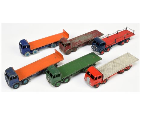 Dinky Toys Unboxed Group of Foden (type 2) Flat Trucks To Include - Blue and orange with tailboard, Red and Blue with Chains&