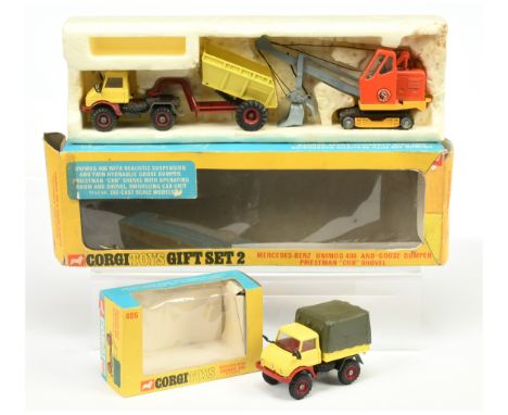 Corgi Toys GS2 Gift Set To Include - Mercedes Unimog With Goose dumper - Maroon and Yellow, Priestman Cub shovel - orange, ye