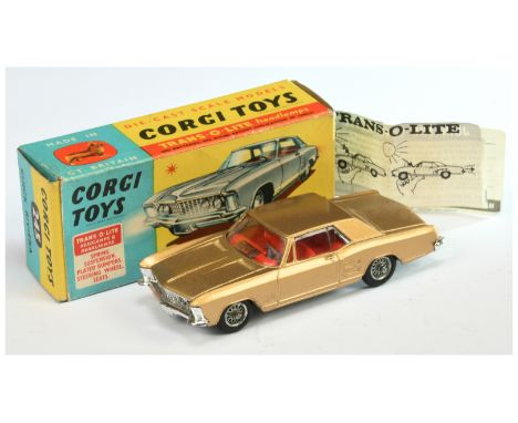 Corgi Toys 245 Buick Riviera - Gold body, red interior, chrome trim, wire wheels and grey plastic tow hook -&nbsp; Good to Go