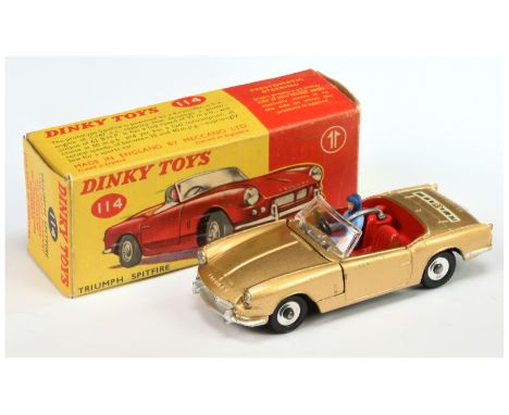 Dinky Toys 114 Triumph Spitfire Sports Car - Gold body, red interior with figure, silver trim, chrome spun hubs and "I've Got