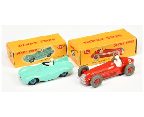 Dinky Toys 232&nbsp; Alfa Romeo racing Car - red body and rigid hubs, silver grille and 238 Jaguar Type D Racing Car - Turquo