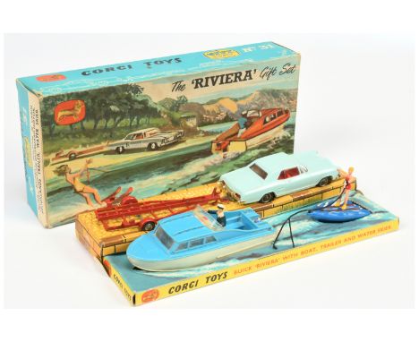 Corgi Toys GS31 "Riviera" Gift Set to include Buick Rivera - Light Blue, red interior, chrome trim and wire wheels - trailer 