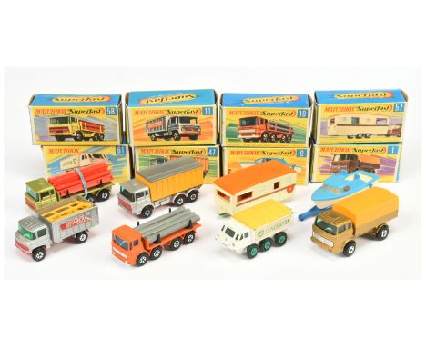 Matchbox Superfast Group To Include - 1a Mercedes Truck - Gold body, yellow plastic cover 9a Boat on Trailer - Light blue wit