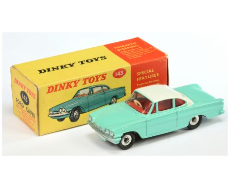 Dinky Toys 143 Ford Capri - Turquoise, white roof, red interior, silver and chrome spun hubs - Excellent Plus (apart from a c