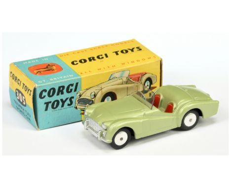 Corgi Toys 305 Triumph TR3 Sports Car - Light green body,&nbsp; red seats, silver trim and flat spun hubs -&nbsp; Good Plus t