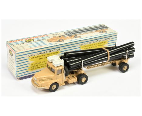 French Dinky Toys 893 Pipe Carrier - Beige cab, trailer, concave and convex hubs, white roof box with 6 X black plastic pipes