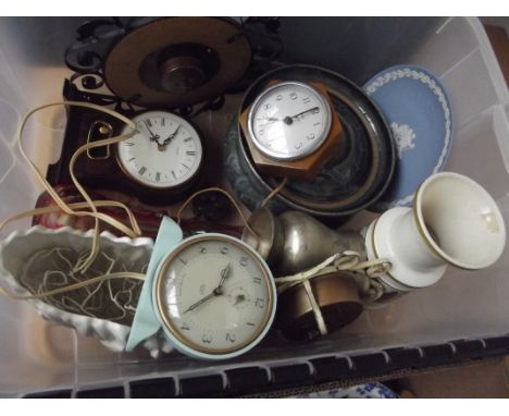 Box of clocks, art glass and Wedgwood 