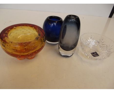 Scandinavian art glass vase together with a Whitefriars ashtray, Edinburgh Crystal bowl, and further vase (possibly also Whit