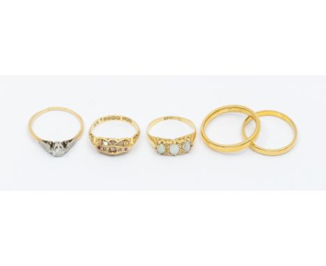 Two 22ct gold bands, widest approx 3mm, size S, weight approx 9gms along with two weighable stone set rings including opal (a