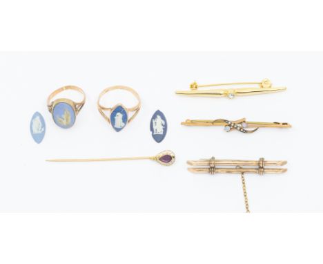 A collection of early 20th century pins, to include an opal and pearl set bar brooch, unmarked assessed as 9ct gold, with lat