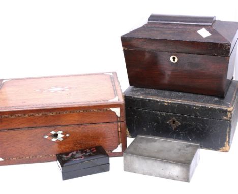 A 19th Century mahogany trinket/sewing box, a 19th Century mahogany tea caddy, a 19th Century trinket box and two other boxes