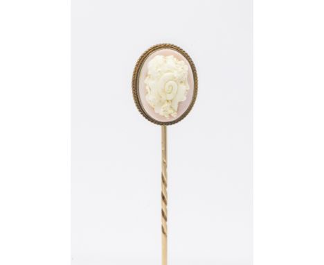A 19th century yellow metal mounted carved shell 'Gryllus' cameo stick pin, the carving depicting the male profiles one with 