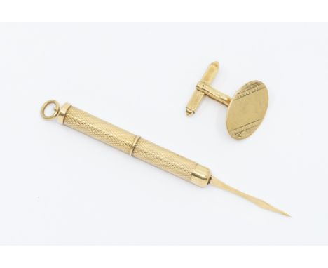 A 9ct yellow gold engine turned propelling toothpick, length approx 45mm (closed) weight approx  6gms, along with a single ov