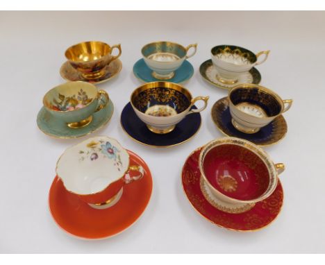 7 Aynsley cups &amp; saucers in various patterns , all ornately decorated and guilded , together with a Grafton China cup &am