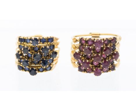 Two multi row articulated stone set 14ct gold rings, both comprising five bands set with round mixed cut graduated stones, in